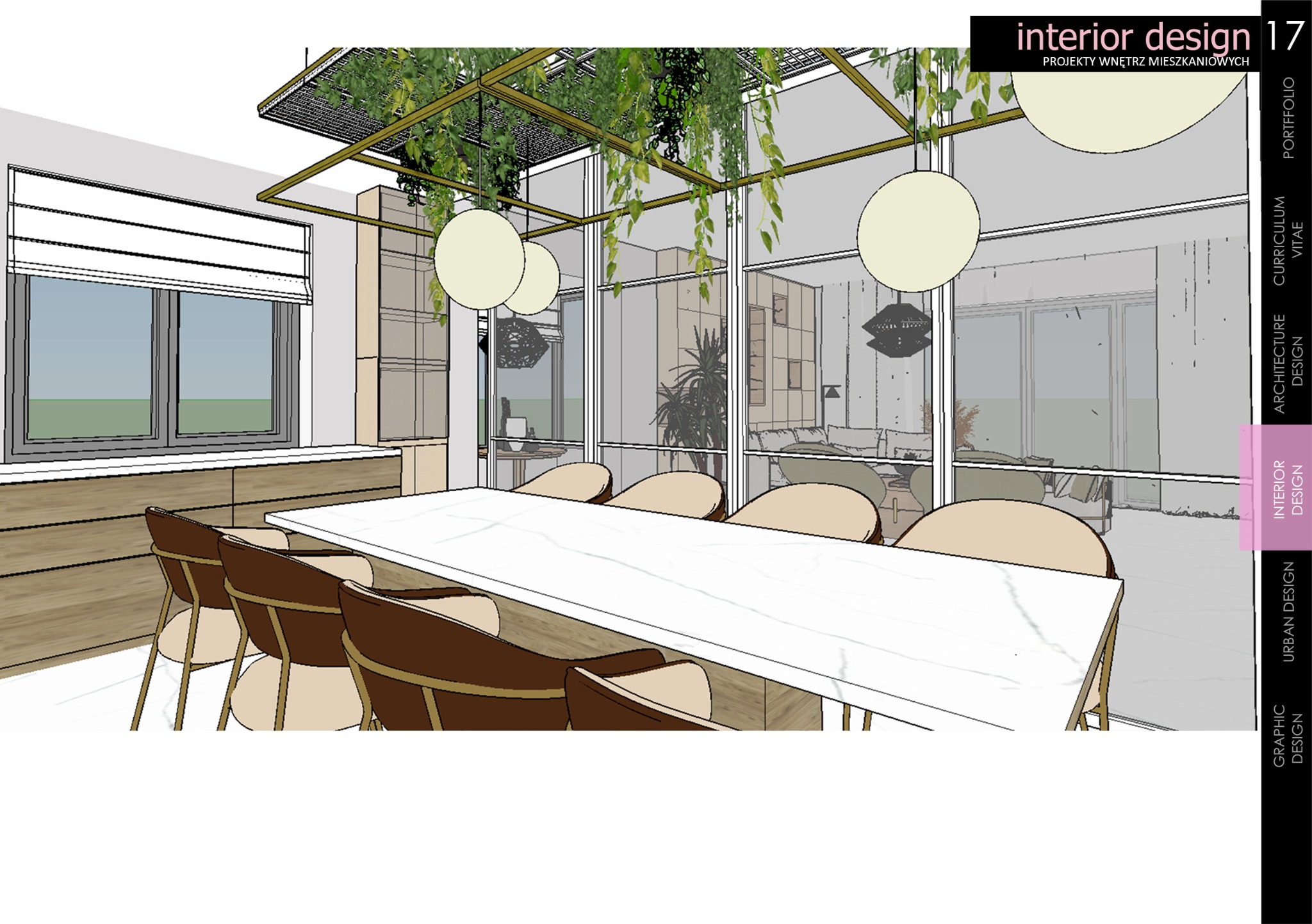 Wizualizacja wnętrza jadalni z marmurowym stołem, krzesłami z brązowymi oparciami, wiszącymi lampami kulami i roślinami pnącymi pod sufitem.