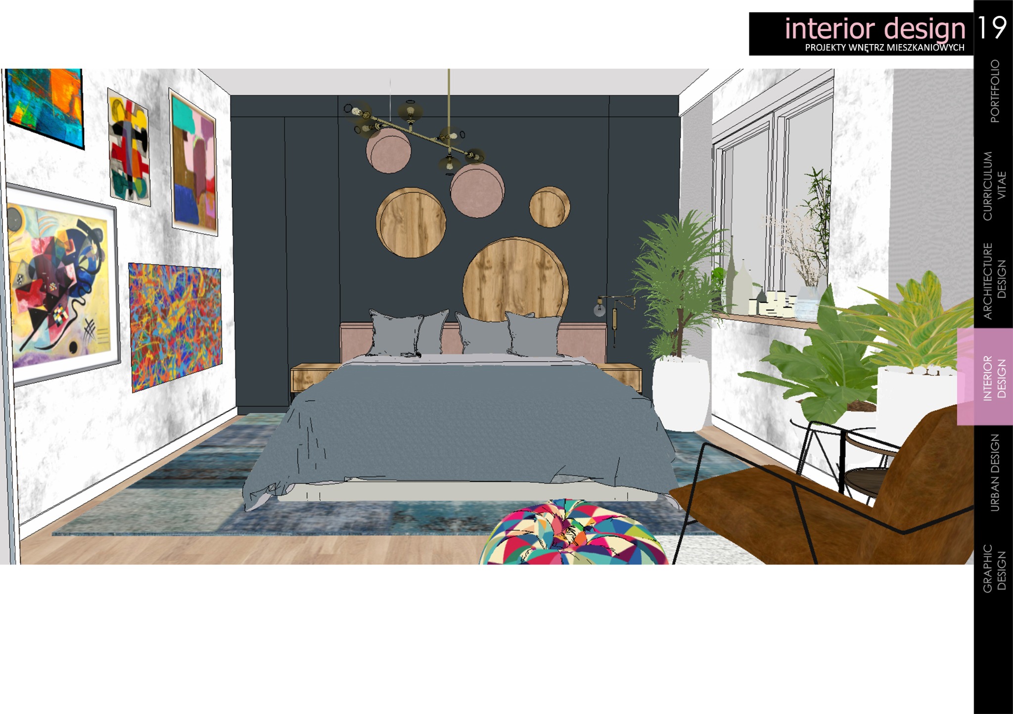 Wizualizacja sypialni z łóżkiem, drewnianym zagłówkiem z okrągłymi elementami, kolorowymi obrazami na ścianie, roślinami w donicach przy oknie i wzorzystą pufą na podłodze.