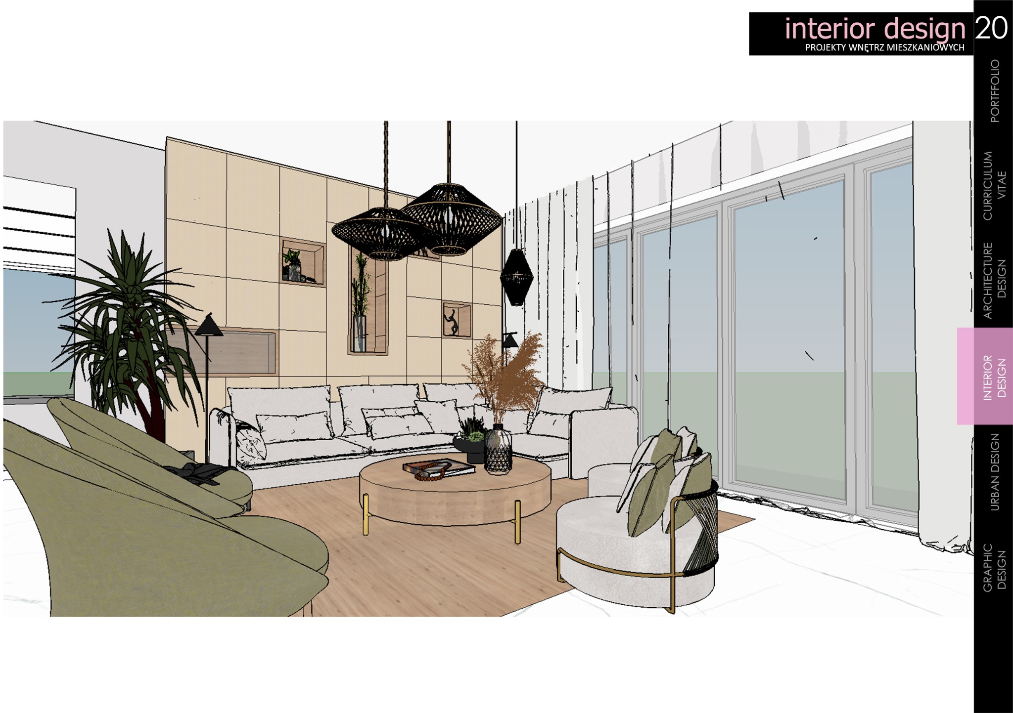 Szkic aranżacji salonu z sofą, okrągłym stolikiem kawowym, fotelami, roślinami doniczkowymi i lampami wiszącymi o geometrycznych kształtach, widok na okno balkonowe.