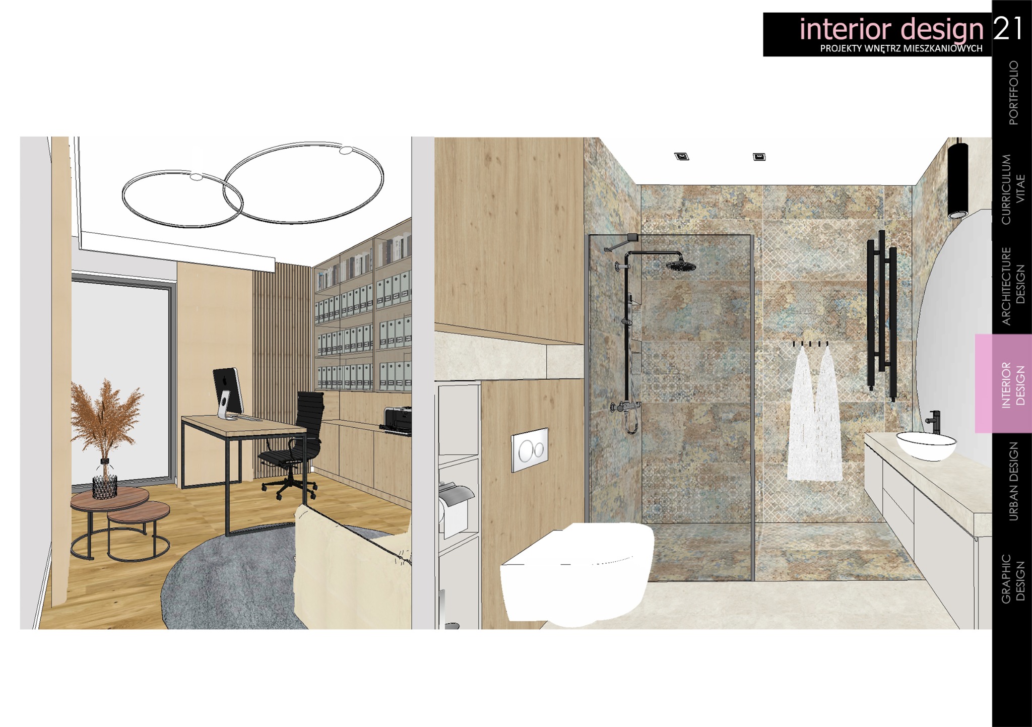 Wizualizacja 3D projektu wnętrza: biuro z biurkiem i regałem oraz łazienka z kabiną prysznicową i umywalką, widoczne elementy wyposażenia i oświetlenia.