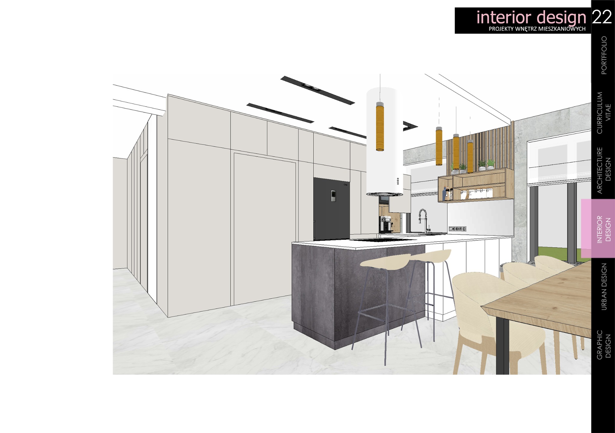 Wizualizacja wnętrza kuchni z wyspą, hokerami i stołem jadalnym, utrzymana w jasnej kolorystyce z akcentami drewna i szarości, oświetlenie punktowe i wiszące lampy cylindryczne.