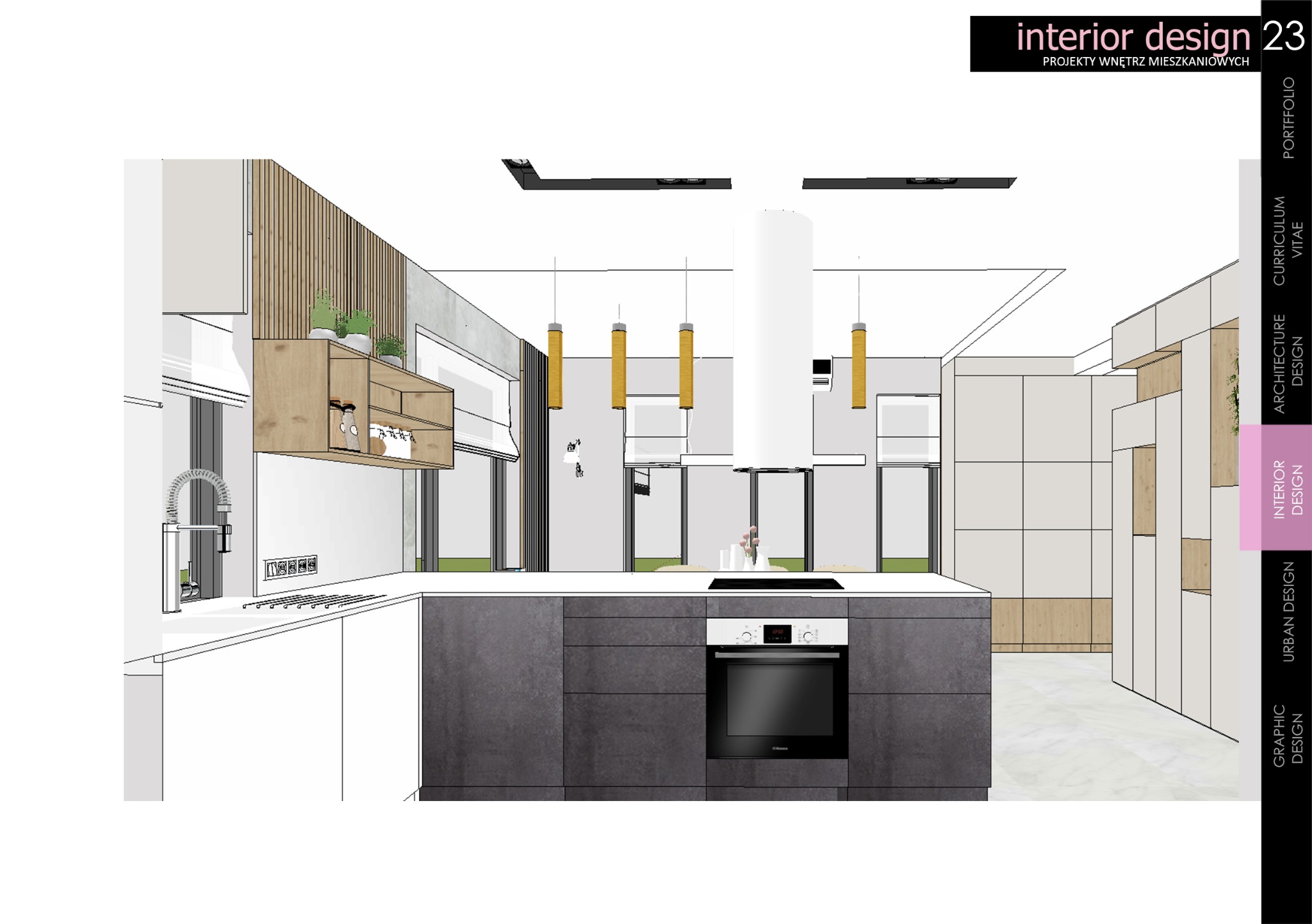 Wizualizacja 3D nowoczesnej kuchni z wyspą, drewnianymi akcentami i minimalistycznym oświetleniem, prezentowana w formie projektu wnętrza.