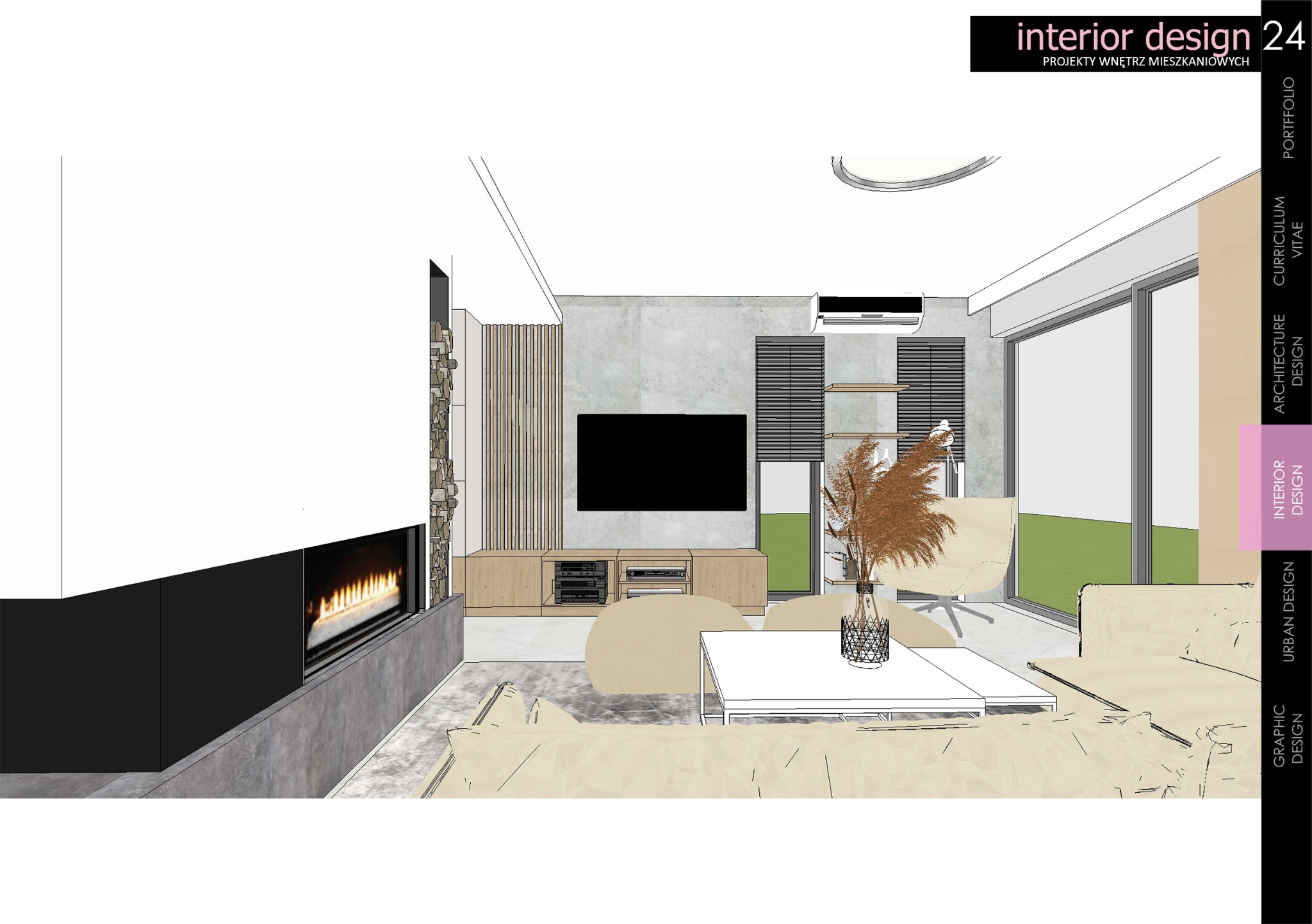 Wizualizacja salonu z kominkiem, telewizorem i meblami w neutralnych kolorach. Wazon z suszonymi trawami na stoliku kawowym.