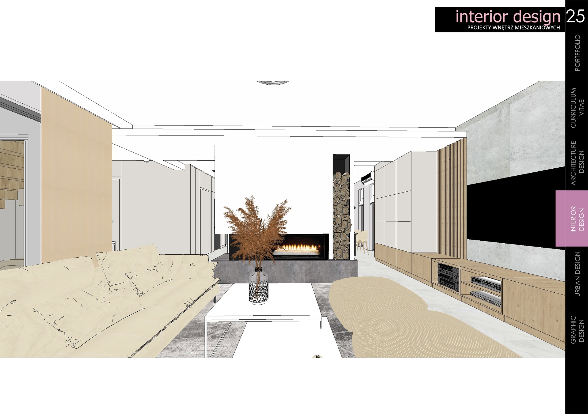 Wizualizacja salonu z kominkiem, beżową sofą i białym stolikiem kawowym, minimalistyczny design z elementami drewna i kamienia.