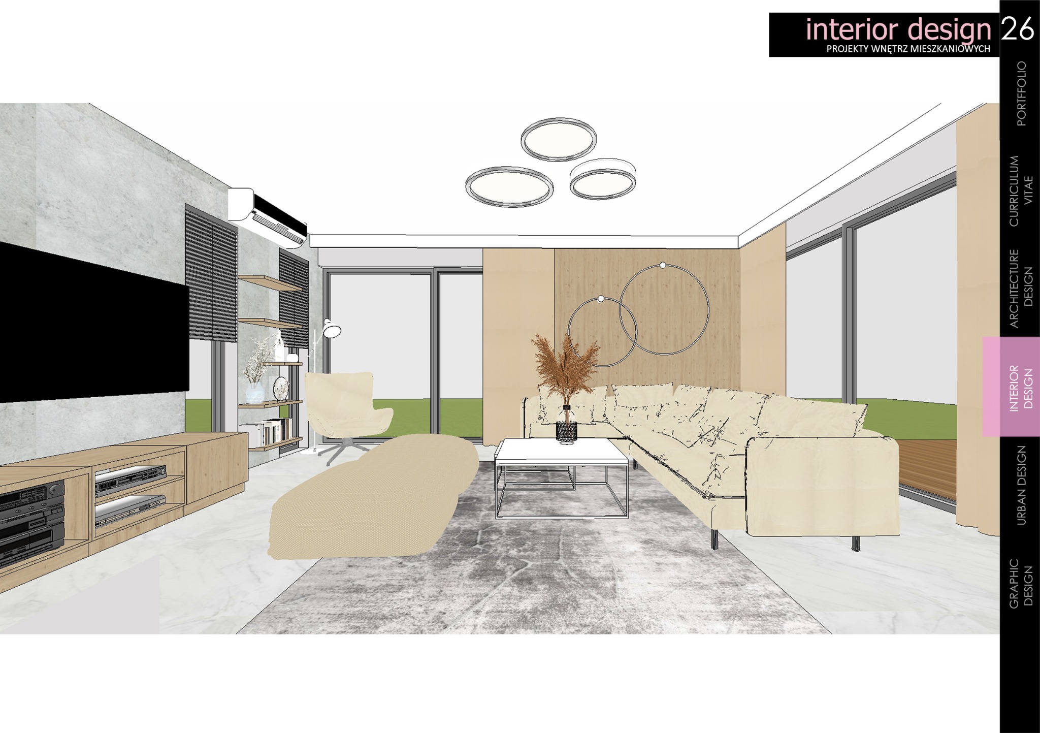 Wizualizacja salonu w stylu minimalistycznym z beżową sofą, stolikiem kawowym, telewizorem na komodzie i okrągłymi lampami sufitowymi.