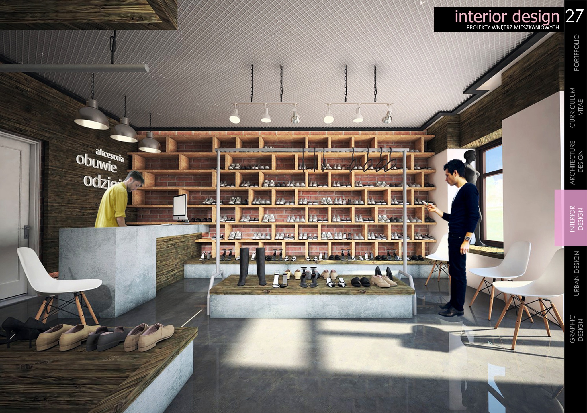 Wizualizacja wnętrza sklepu obuwniczego z drewnianymi elementami, regałami wypełnionymi obuwiem i dwoma mężczyznami: jeden za ladą, drugi przeglądający ofertę. Podłoga z szarego betonu polerowanego...