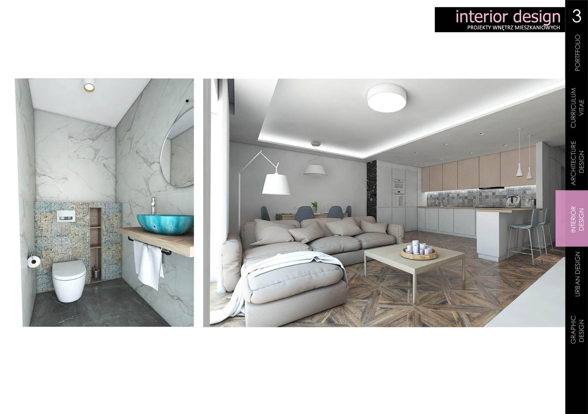 Wizualizacja wnętrza otwartego mieszkania: łazienka z umywalką w kolorze turkusowym i marmurowymi płytkami, salon z beżową sofą i kuchnią w tle, parkiet w jodełkę.