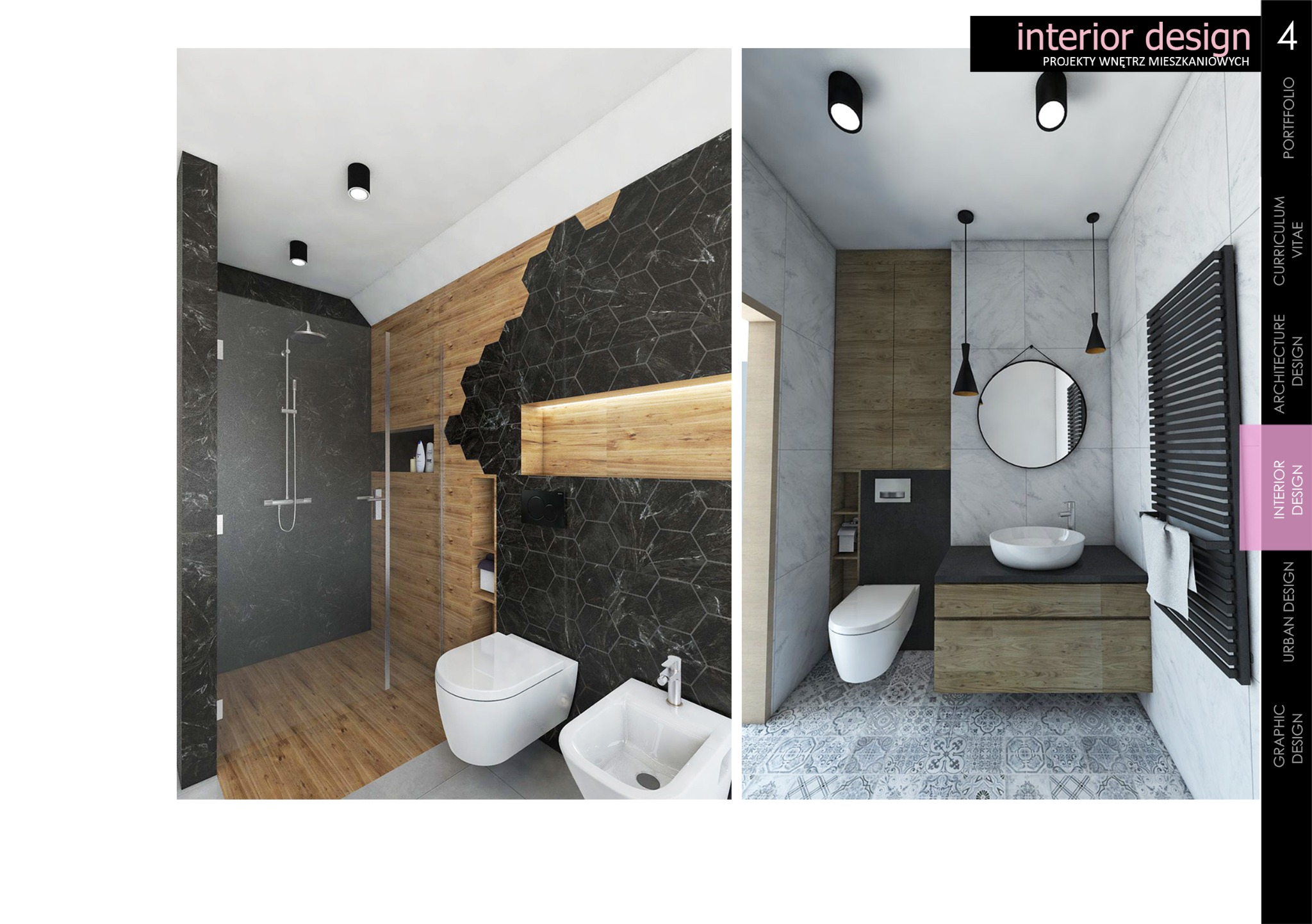 Wizualizacja łazienki z kabiną prysznicową typu walk-in, toaletą, bidetem i umywalką nablatową na szafce z drewnianymi frontami, wykończona drewnem i czarnymi heksagonalnymi płytkami na ścianie...