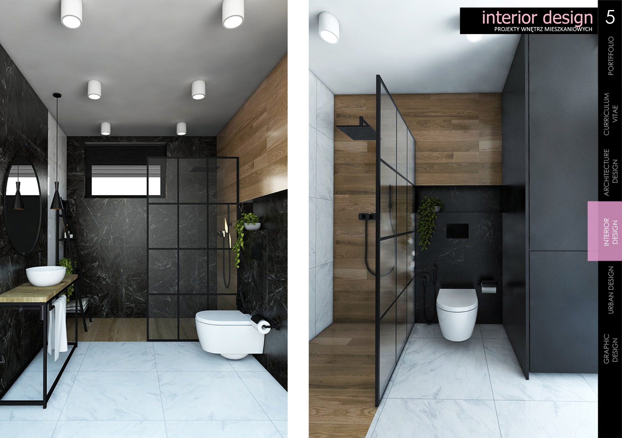 Wizualizacja nowoczesnej łazienki z marmurowymi ścianami, kabiną prysznicową typu walk-in z czarnymi ramami, drewnianymi akcentami i umywalką na metalowym stelażu. Minimalistyczne oświetlenie...