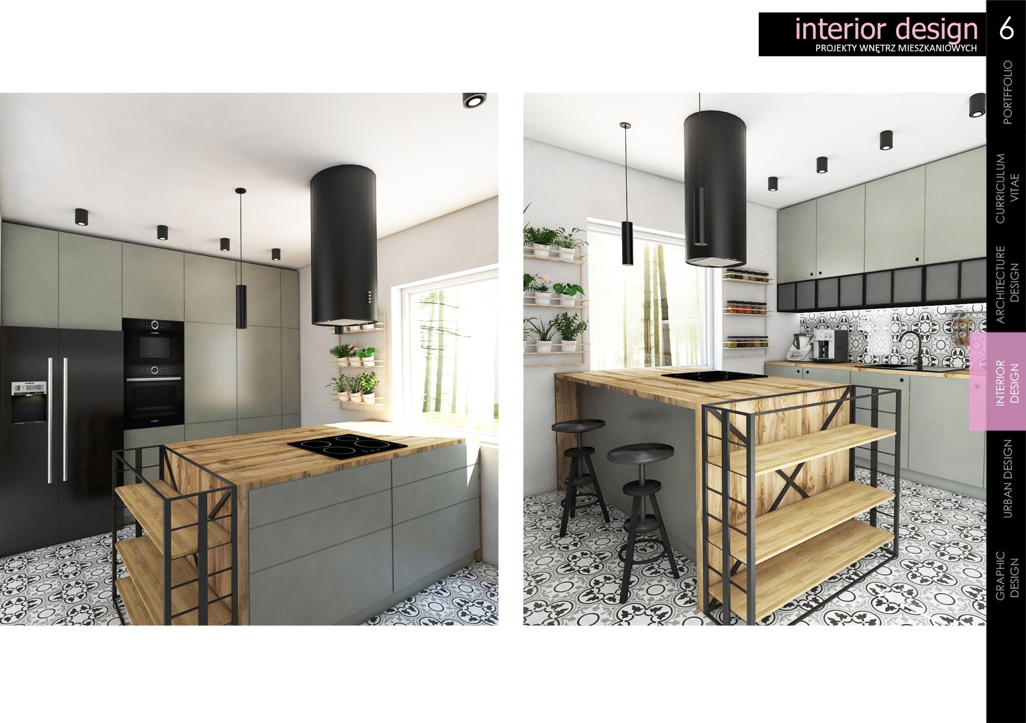 Wizualizacja nowoczesnej kuchni z wyspą, czarny okrągły okap, szaro-zielone szafki, drewniany blat, wzorzysta podłoga, rośliny w doniczkach na półkach, czarne hokery.