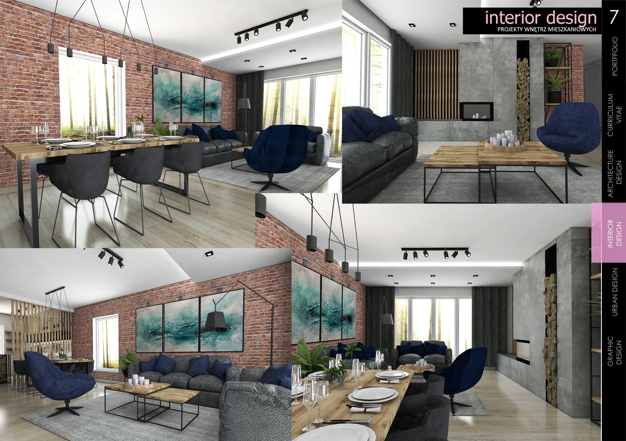 Wizualizacja przestronnego salonu z ceglaną ścianą, turkusowymi obrazami, drewnianym stołem jadalnym i ciemnoszarą sofą z niebieskimi poduszkami, uzupełniona o fotel w kolorze granatowym...