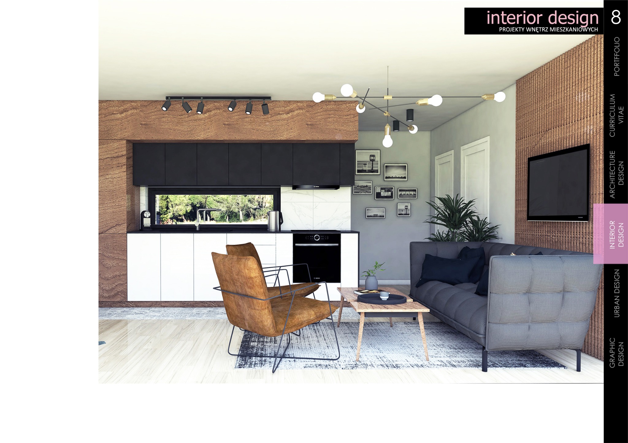 Wizualizacja wnętrza mieszkania: otwarta przestrzeń z aneksem kuchennym, szara sofa i brązowe krzesła na tle drewnianej ściany z telewizorem.