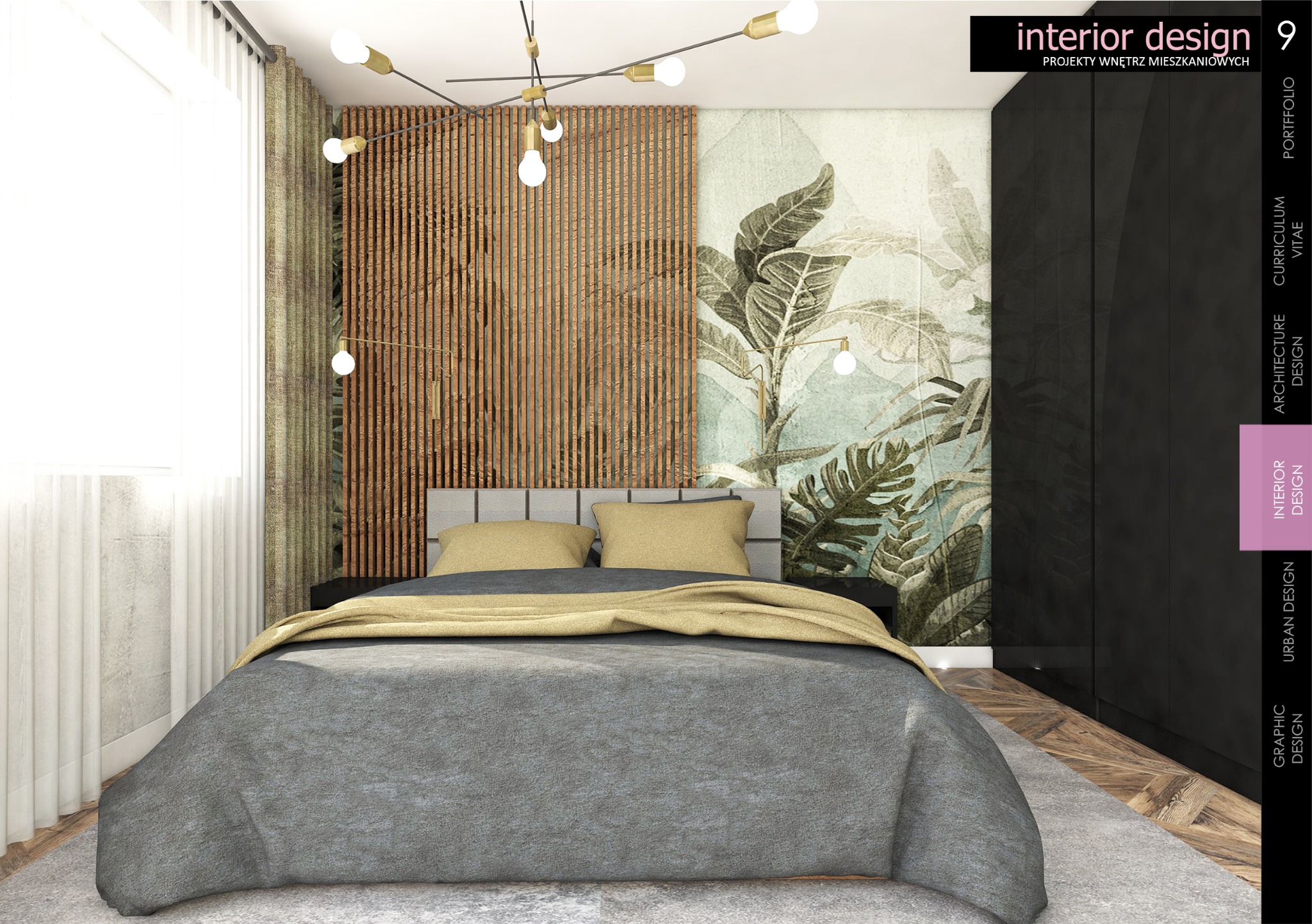 Wizualizacja sypialni z łóżkiem, drewnianą ścianką działową, tapetą w liście i nowoczesną lampą sufitową z żarówkami kulkami.