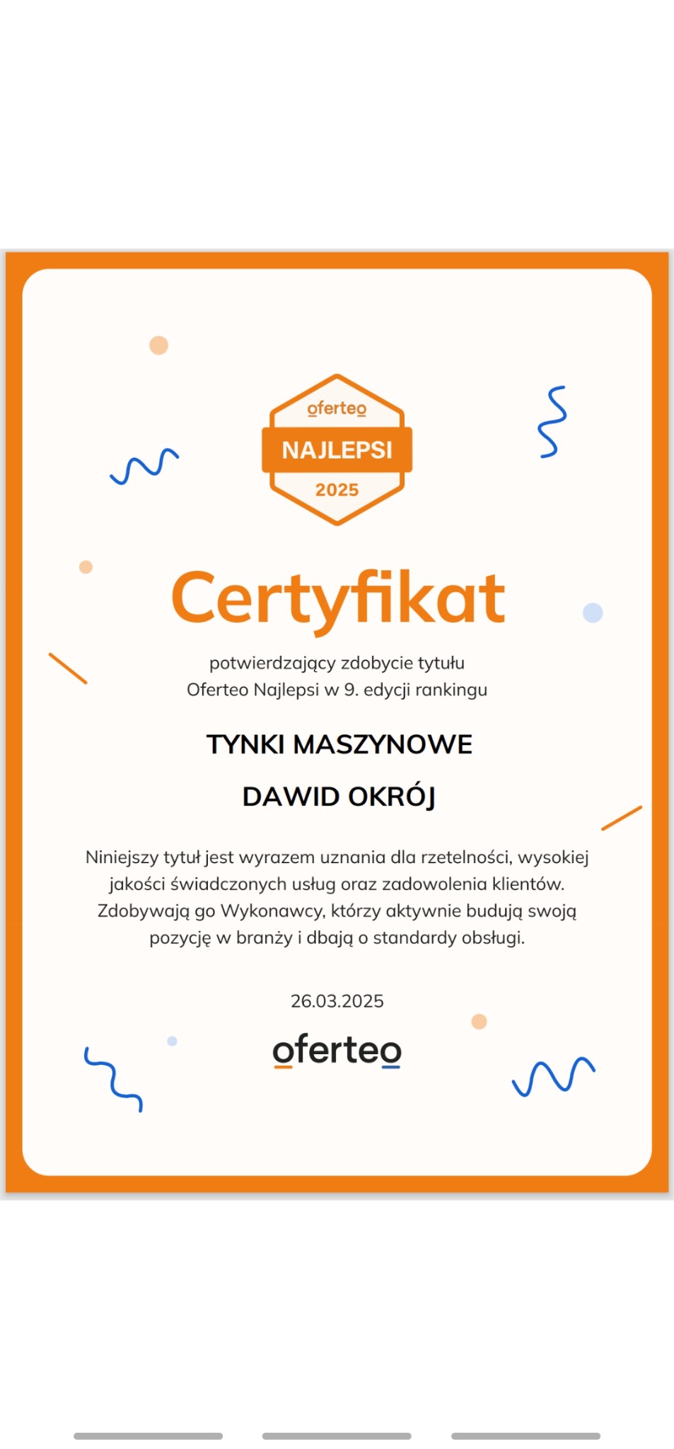 Certyfikat Oferteo Najlepsi 2025 dla firmy Dawid Okrój za tynki maszynowe, potwierdzający wysoką jakość usług i zadowolenie klientów.