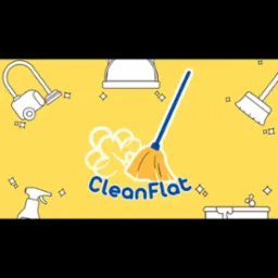 Ilustracja z logo firmy sprzątającej CleanFlat, przedstawiająca mop, odkurzacz, szczotkę i butelkę ze spryskiwaczem na żółtym tle.
