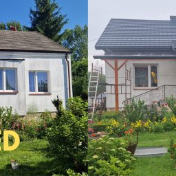 Paweł Statuch BuildKraft - Porównanie stanu dachu przed i po renowacji: stara, brązowa dachówka kontra nowa, szara dachówka na białym domu z ogrodem.