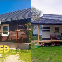 Paweł Statuch BuildKraft - Porównanie 'przed' i 'po' remontu dachu domu jednorodzinnego: widoczne rusztowania, pracownik na drabinie podczas prac dekarskich oraz efekt końcowy z nowym pokryciem.