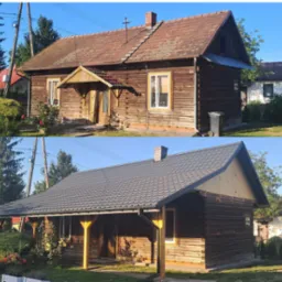 Dom drewniany przed i po wymianie pokrycia dachowego. Na górze stary, zniszczony dach z dachówki, na dole nowy, szary dach z blachy. Widoczne zmiany w konstrukcji i wyglądzie budynku.