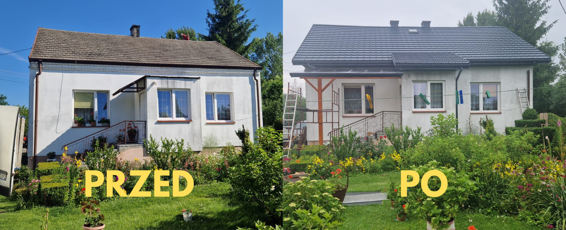 Porównanie stanu dachu przed i po renowacji: stara, brązowa dachówka kontra nowa, szara dachówka na białym domu z ogrodem.
