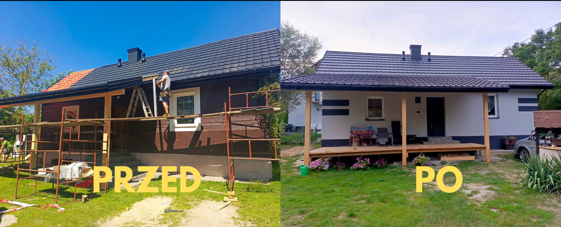 Porównanie 'przed' i 'po' remontu dachu domu jednorodzinnego: widoczne rusztowania, pracownik na drabinie podczas prac dekarskich oraz efekt końcowy z nowym pokryciem.