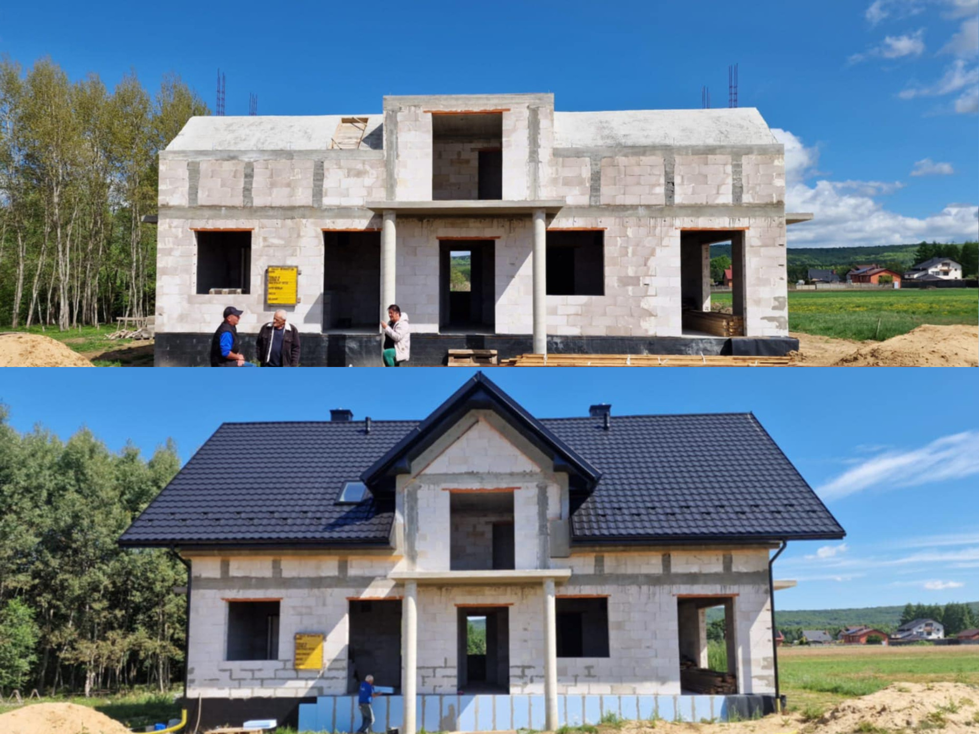 Dom w trakcie budowy z dachem i bez dachu, ukazujący postęp prac. Widoczni pracownicy i elementy konstrukcyjne. Ujęcie w słoneczny dzień.