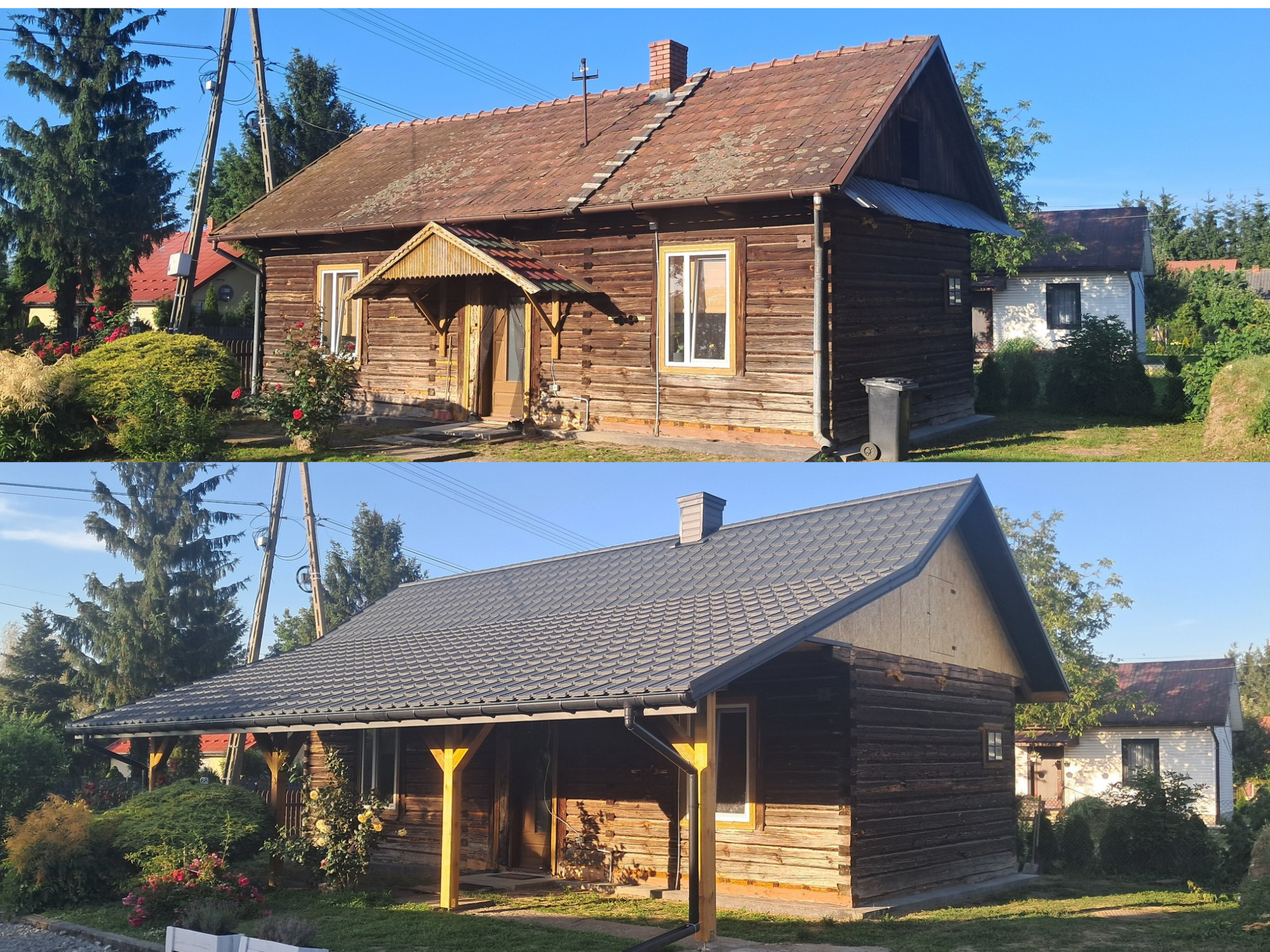 Dom drewniany przed i po wymianie pokrycia dachowego. Na górze stary, zniszczony dach z dachówki, na dole nowy, szary dach z blachy. Widoczne zmiany w konstrukcji i wyglądzie budynku.