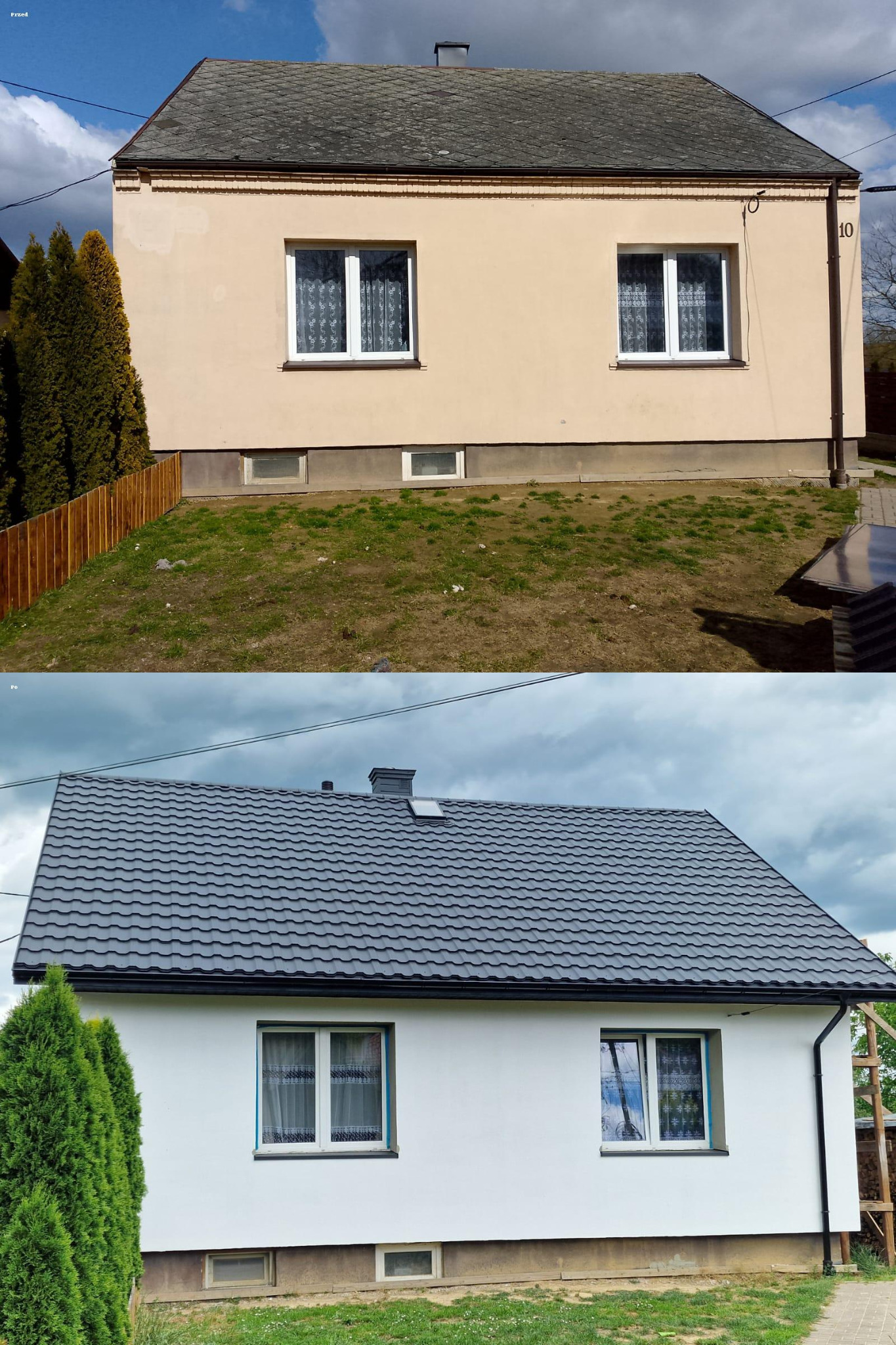 Zdjęcie domu przed i po wymianie dachu. Stary, jasny dach kontra nowy, szary z blachy trapezowej. Widoczna zmiana koloru elewacji i otoczenia.