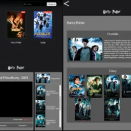Interfejs strony internetowej z listą filmów i seriali, w tym okładki filmów z serii Harry Potter oraz Miraculous, z odtwarzaczem wideo i opisem serialu wykorzystującym tekst Lorem Ipsum.
