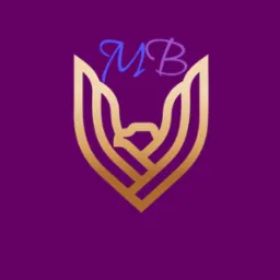 Złoty, stylizowany symbol ptaka w kształcie litery V na fioletowym tle, z niebieskim napisem 'MB' u góry.