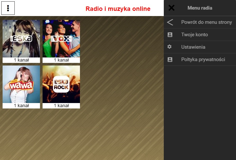 Interfejs aplikacji mobilnej do słuchania radia online, prezentujący kafelki z logotypami stacji Eska, Vox FM, Radio Wawa i Eska Rock, obok menu z opcjami powrotu, konta, ustawień i polityki...