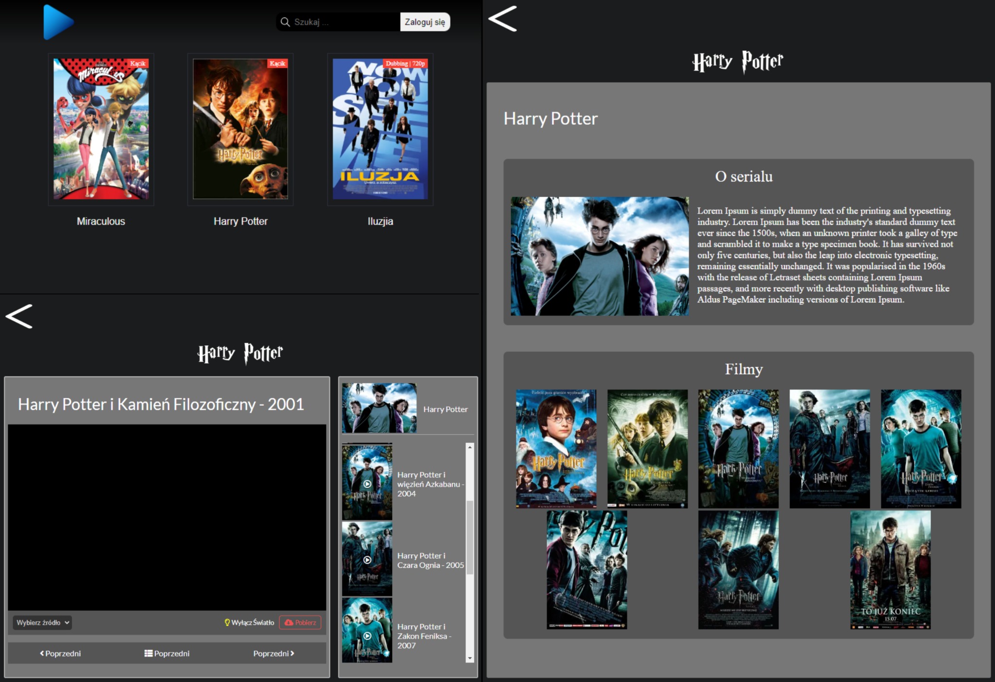 Interfejs strony internetowej z listą filmów i seriali, w tym okładki filmów z serii Harry Potter oraz Miraculous, z odtwarzaczem wideo i opisem serialu wykorzystującym tekst Lorem Ipsum.