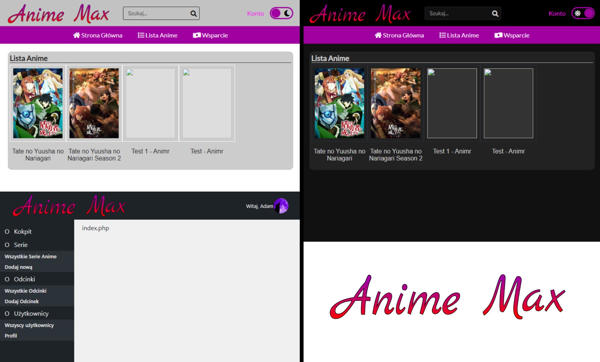 Interfejs strony internetowej z listą anime, z możliwością przełączania trybu jasnego i ciemnego, zawierający logo Anime Max oraz opcje nawigacyjne.