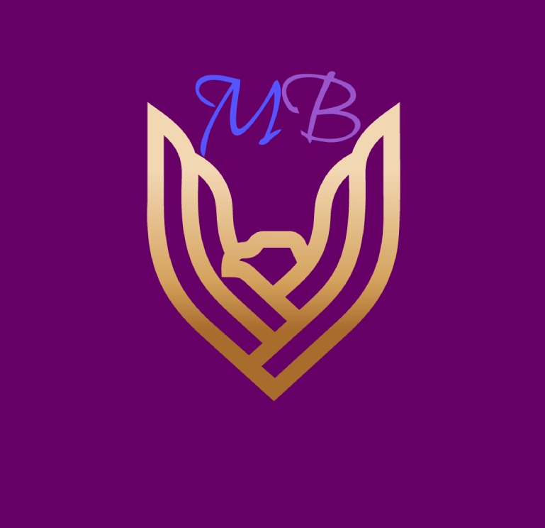 Złoty, stylizowany symbol ptaka w kształcie litery V na fioletowym tle, z niebieskim napisem 'MB' u góry.