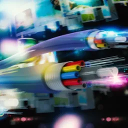 Ilustracja światłowodów z kolorowymi żyłami w Jastrzębiu-Zdroju, z efektem rozmycia i światłami w tle, sugerująca szybki przesył danych.