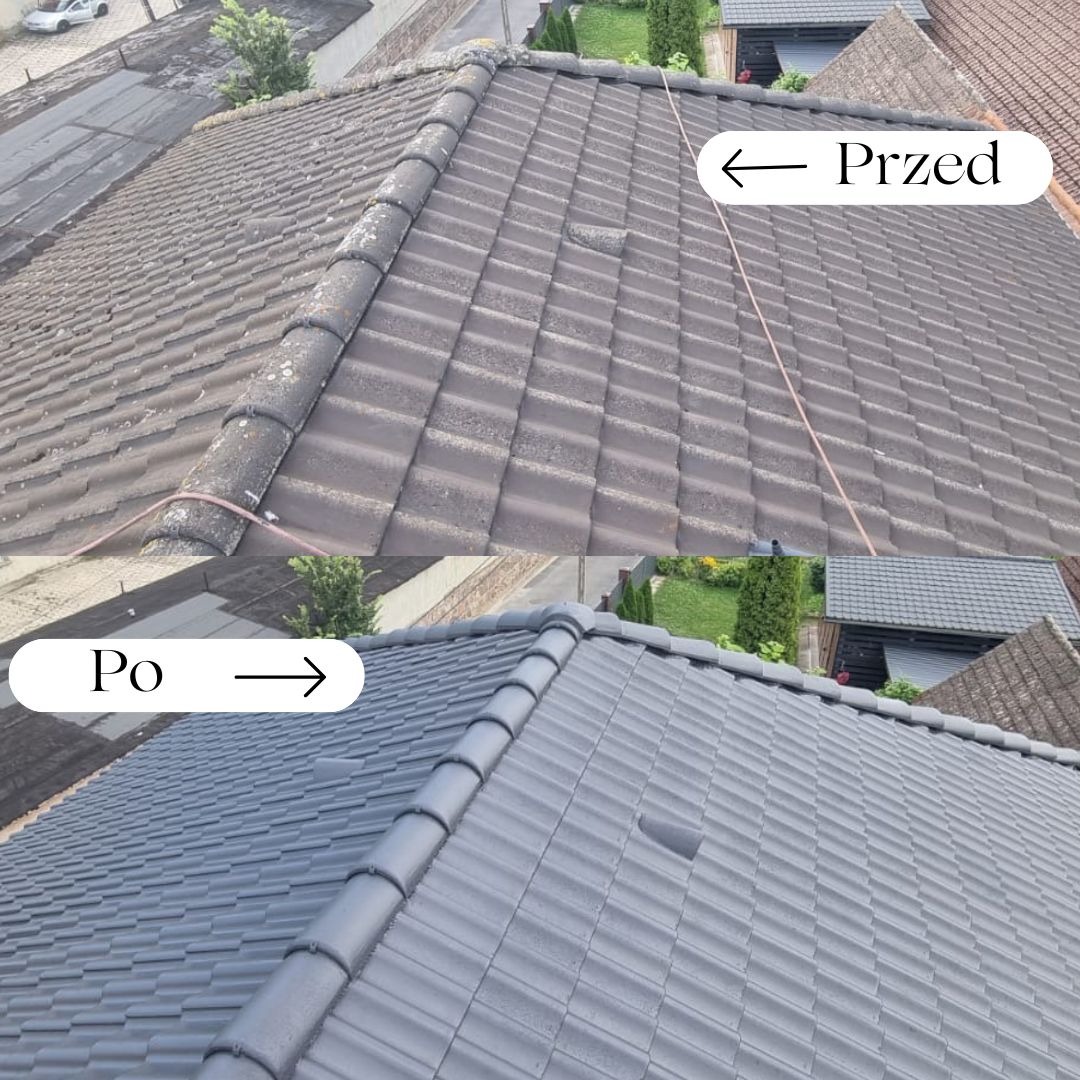 Porównanie stanu dachu przed i po renowacji. Górna część zdjęcia ukazuje zabrudzoną, porośniętą mchem dachówkę, a dolna część prezentuje dachówkę po zabiegu, o jednolitej, szarej barwie i czystej...