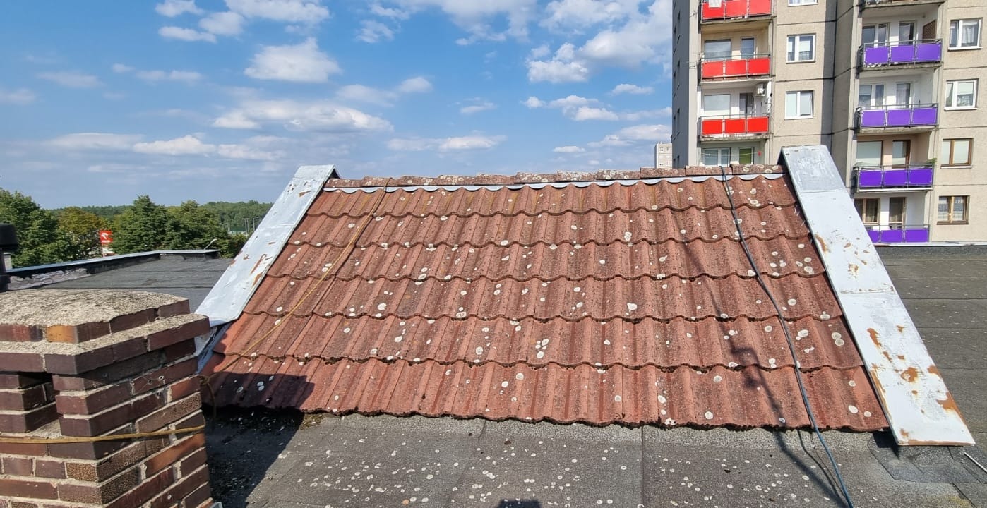 Czerwona dachówka z białymi plamkami na skośnym dachu, widoczny komin z cegły, blok mieszkalny w tle i fragment niebieskiego nieba.