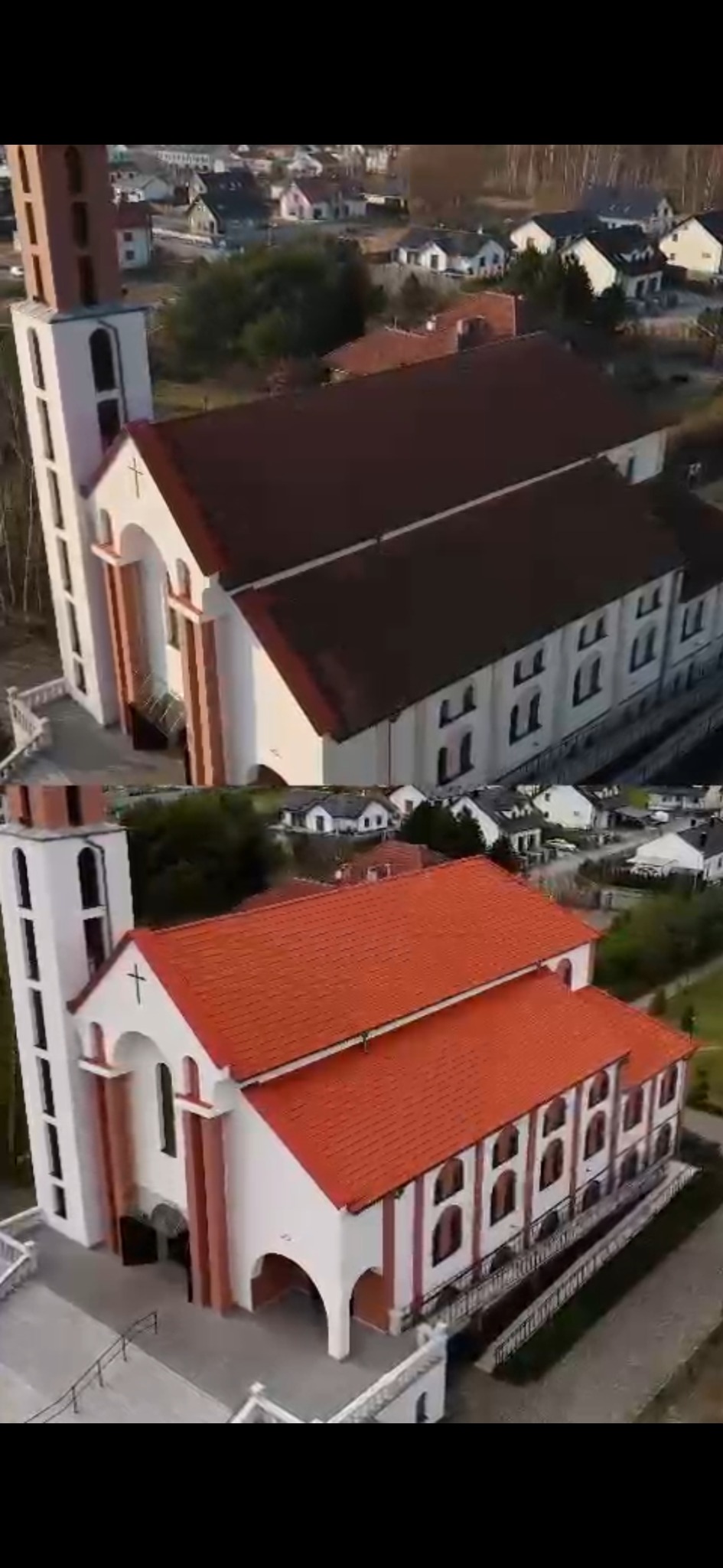 Zdjęcie 'przed i po' renowacji dachu kościoła. Na górze dach w ciemnobrązowym kolorze, na dole po renowacji w kolorze czerwonym. Widok z góry, w tle zabudowa.