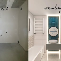 Studio Nieruchomości - Porównanie stanu 'przed' i wizualizacji łazienki: surowe wnętrze z szarą podłogą i wiszącym płaszczem kontra nowoczesna łazienka z wanną, umywalką nablatową, turkusowymi akcentami i podświetleniem...