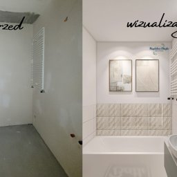 Studio Nieruchomości - Porównanie stanu surowego łazienki z wizualizacją: surowe ściany i betonowa wylewka kontra nowoczesna aranżacja z okrągłym lustrem podświetlanym LED, umywalką nablatową i dekoracyjnymi płytkami.