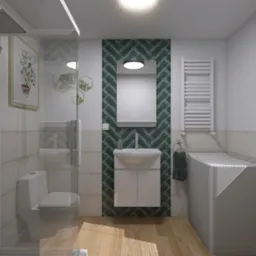 Nowoczesna łazienka z prysznicem typu walk-in, umywalką na szafce z zieloną mozaiką w jodełkę, grzejnikiem drabinkowym i pralką pod oknem z żaluzjami.