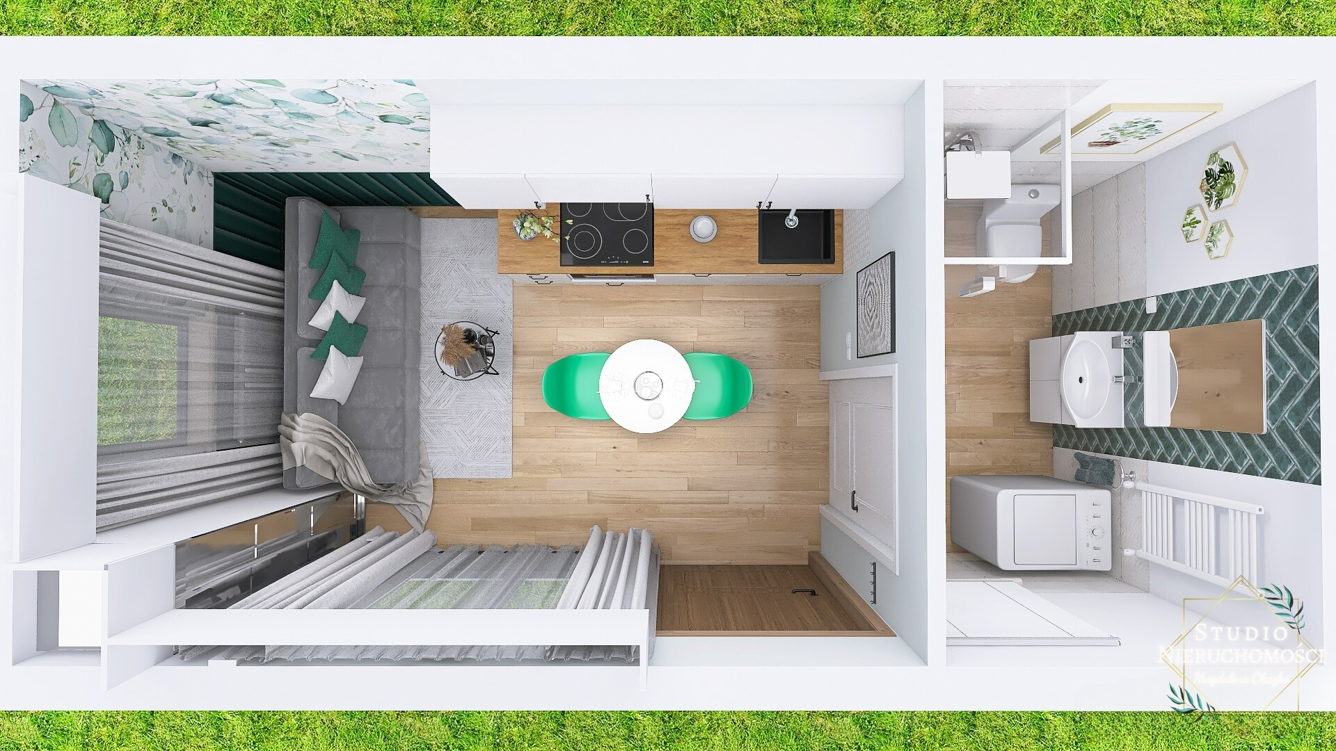 Widok z góry na aranżację małego mieszkania z zielonymi akcentami: salon z sofą, kuchnia z drewnianym blatem, okrągły stół z zielonymi krzesłami i łazienka z zieloną mozaiką.