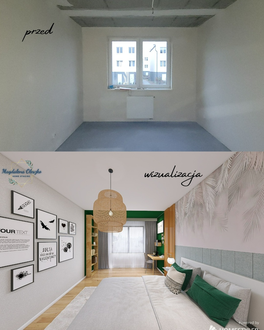 Porównanie stanu surowego pokoju przed remontem i wizualizacji sypialni z łóżkiem, lampą w stylu boho, zielonymi akcentami i galerią obrazków na ścianie.