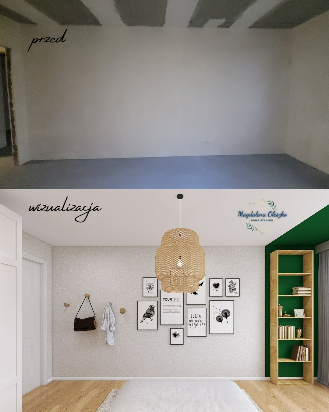 Porównanie stanu surowego pokoju przed i wizualizacji po: jasne wnętrze z drewnianą podłogą, dywanem, lampą z wikliny, galerią czarno-białych grafik na ścianie, wieszakami z torbą i kurtką...