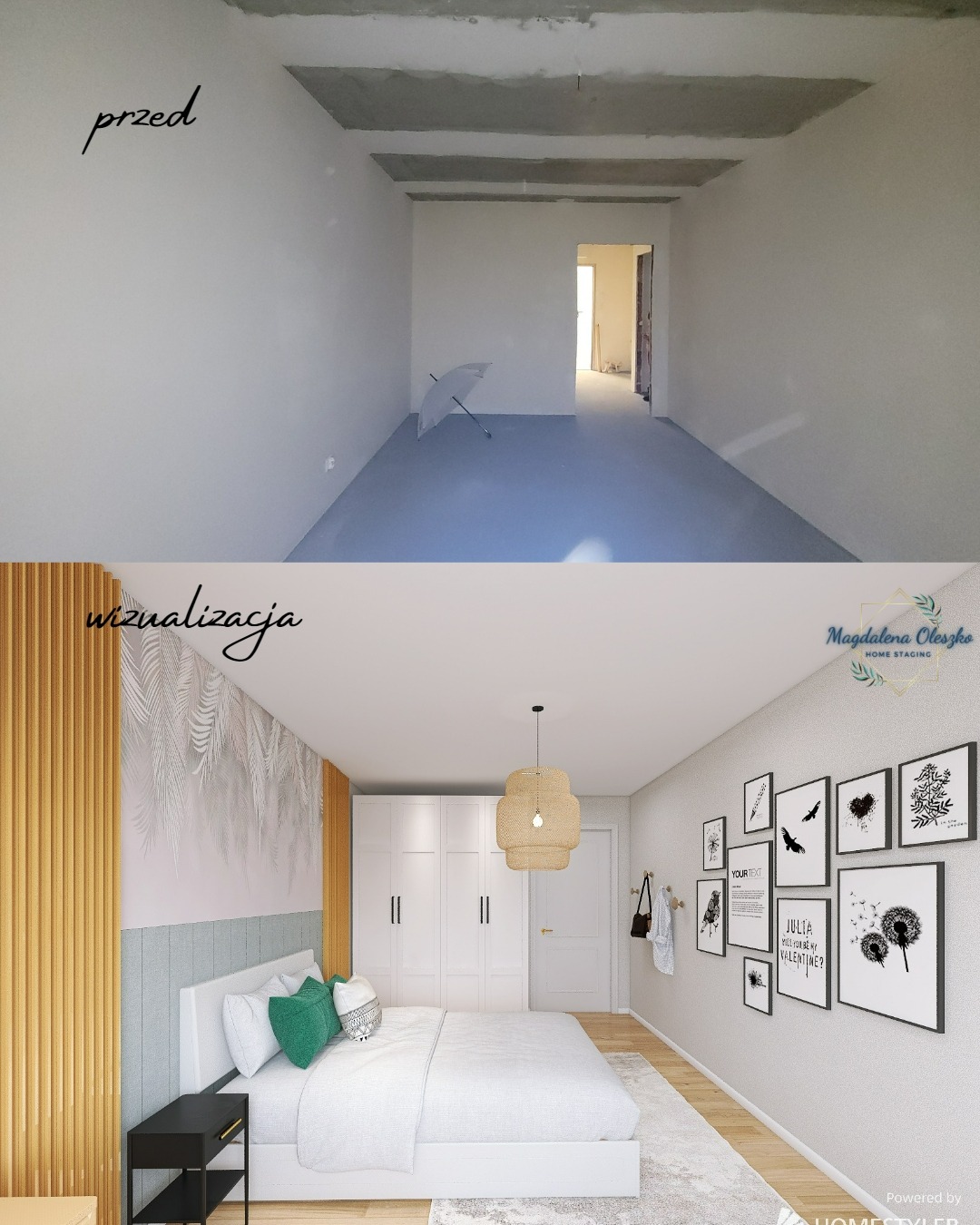 Porównanie pokoju przed i po home stagingu: puste, surowe wnętrze z parasolem kontra wizualizacja sypialni z łóżkiem, szafą, galerią obrazków i lampą wiszącą.