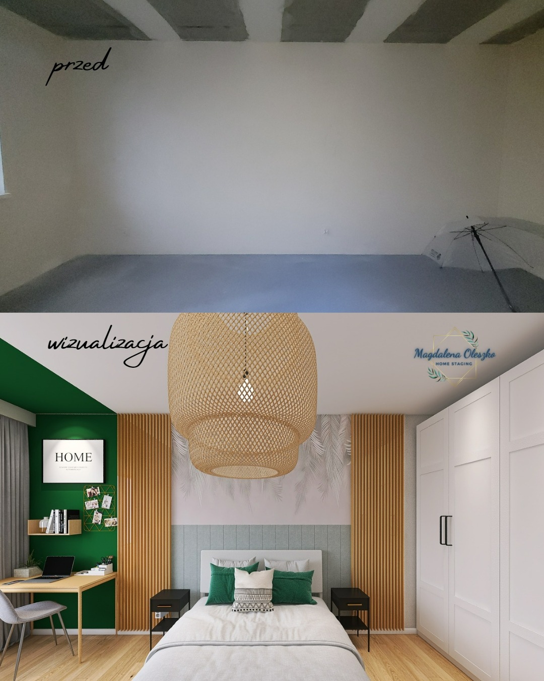 Porównanie pokoju przed i po wizualizacji: surowe wnętrze z parasolem kontra urządzona sypialnia z zielonymi akcentami, biurkiem i dużą lampą z wikliny.