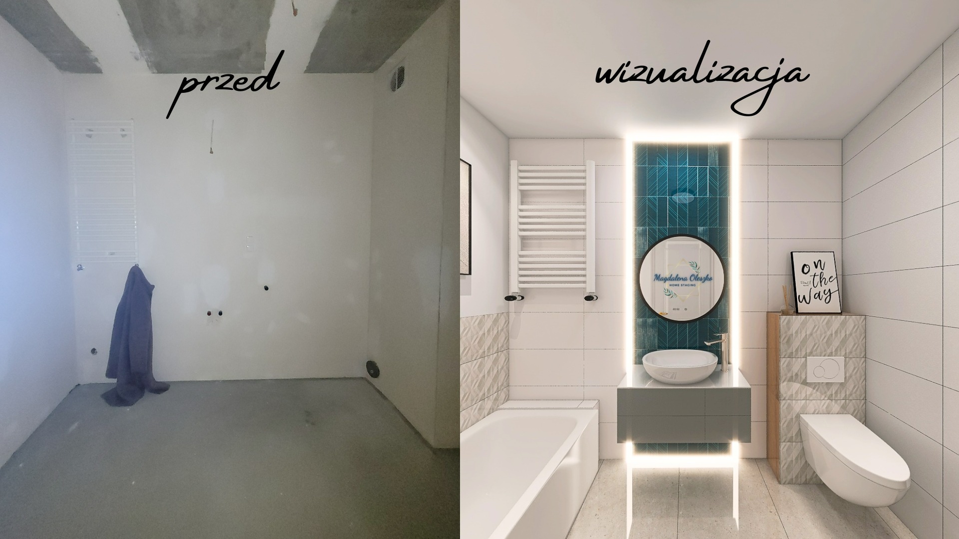 Porównanie stanu 'przed' i wizualizacji łazienki: surowe wnętrze z szarą podłogą i wiszącym płaszczem kontra nowoczesna łazienka z wanną, umywalką nablatową, turkusowymi akcentami i podświetleniem...