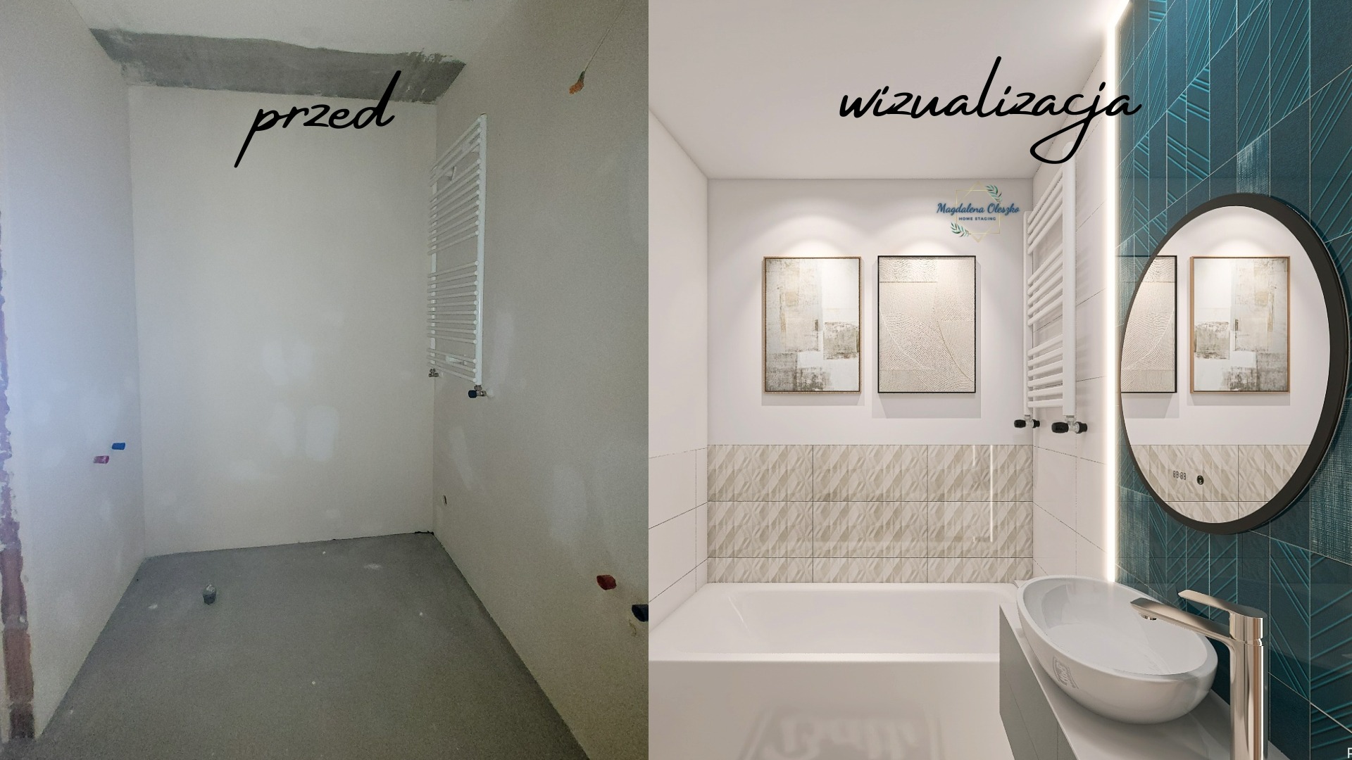 Porównanie stanu surowego łazienki z wizualizacją: surowe ściany i betonowa wylewka kontra nowoczesna aranżacja z okrągłym lustrem podświetlanym LED, umywalką nablatową i dekoracyjnymi płytkami.