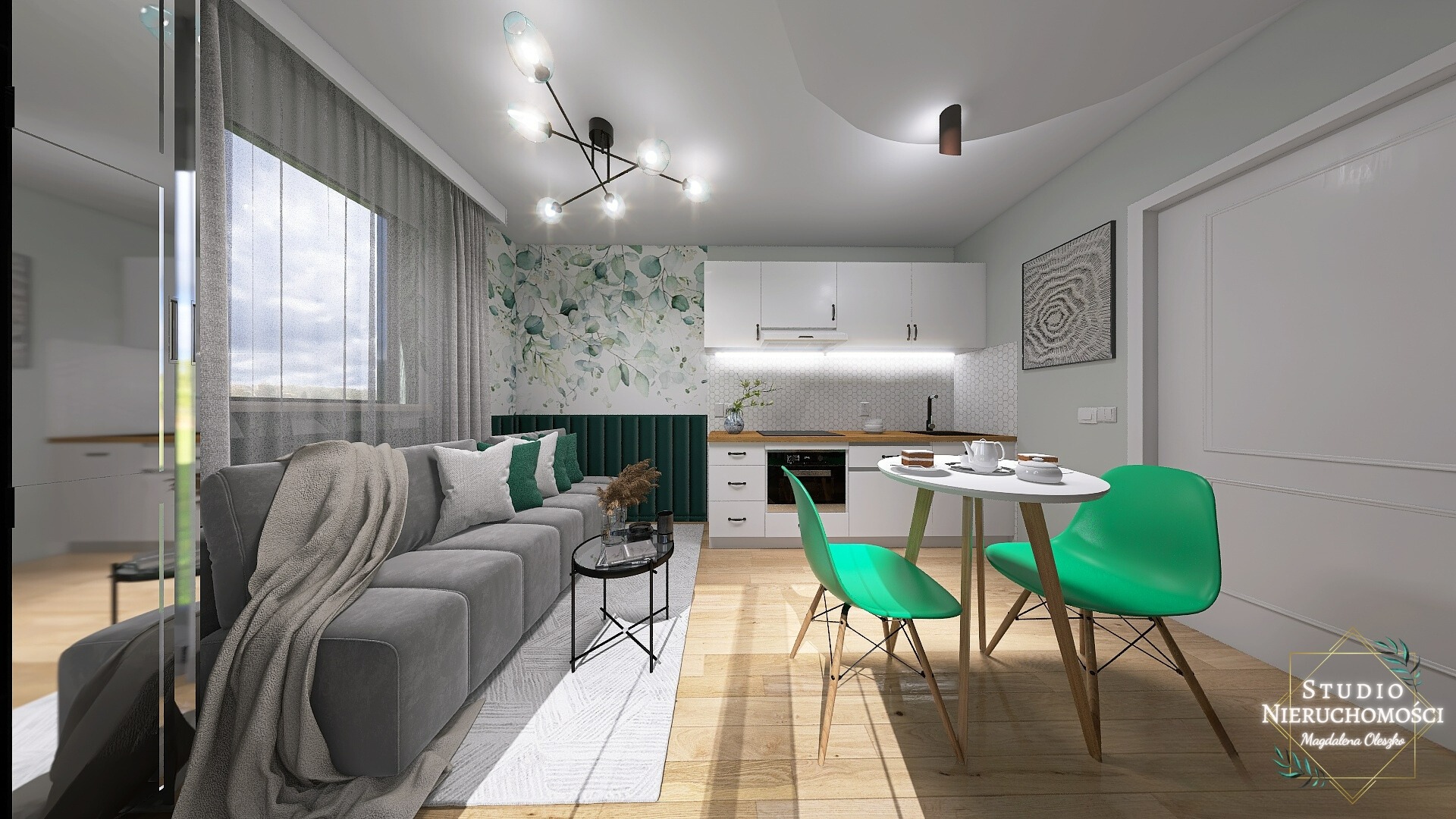 Wizualizacja jasnego mieszkania z aneksem kuchennym, szarą sofą z zielonymi poduszkami i okrągłym stołem z zielonymi krzesłami, dekoracyjna tapeta w liście.