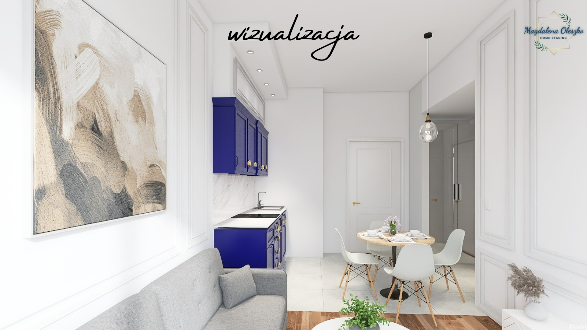 Wizualizacja wnętrza mieszkania: salon z aneksem kuchennym w stylu nowoczesnym, dominują biel i kobalt, na ścianie abstrakcyjny obraz, szara sofa, okrągły stół z białymi krzesłami, kobaltowe szafki...