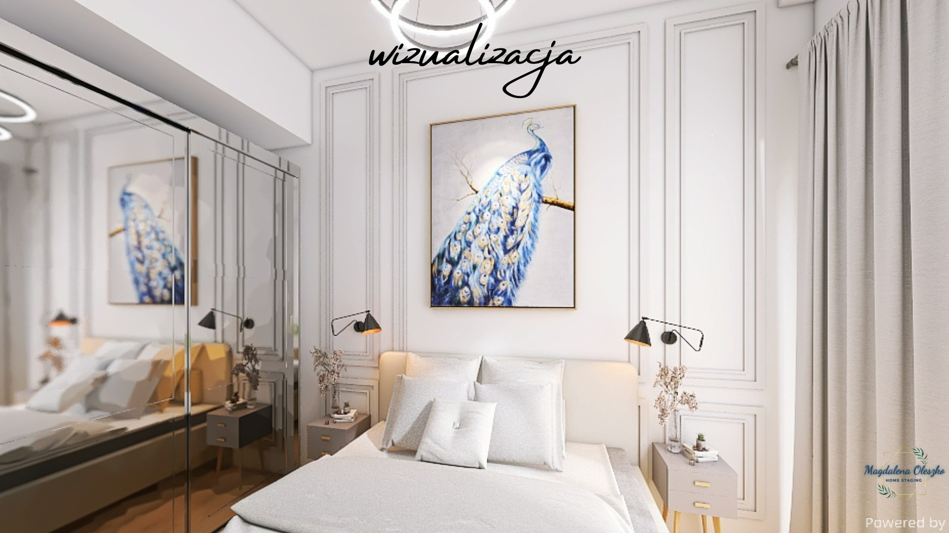 Wizualizacja eleganckiej sypialni w bieli z obrazem pawia, lampkami nocnymi i lustrzanymi drzwiami szafy.